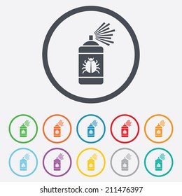Bug disinfection sign icon. Fumigation symbol. Bug sprayer. Round circle buttons with frame. Vector