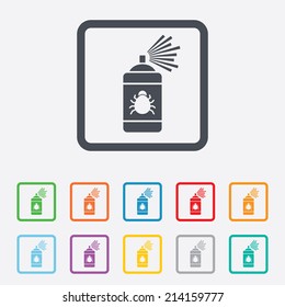 Bug disinfection sign icon. Fumigation symbol. Bug sprayer. Round squares buttons with frame. Vector