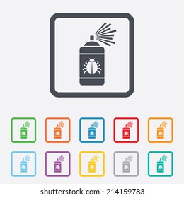 Bug disinfection sign icon. Fumigation symbol. Bug sprayer. Round squares buttons with frame. Vector