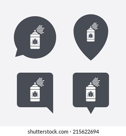 Bug disinfection sign icon. Fumigation symbol. Bug sprayer. Map pointers information buttons. Speech bubbles with icons. Vector