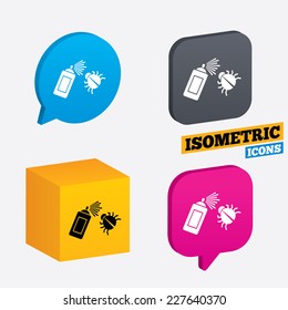 Bug disinfection sign icon. Fumigation symbol. Bug sprayer. Isometric speech bubbles and cube. Rotated icons with edges. Vector