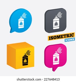 Bug disinfection sign icon. Fumigation symbol. Bug sprayer. Isometric speech bubbles and cube. Rotated icons with edges. Vector