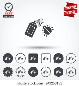 Bug disinfection sign icon. Fumigation symbol. Bug sprayer. Circle, star, speech bubble and square buttons. Award medal with check mark. Thank you ribbon. Vector