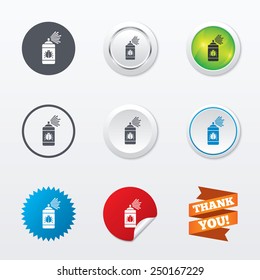 Bug disinfection sign icon. Fumigation symbol. Bug sprayer. Circle concept buttons. Metal edging. Star and label sticker. Vector