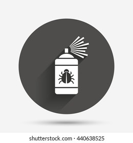 Bug disinfection sign icon. Fumigation symbol. Bug sprayer. Circle flat button with shadow. Vector