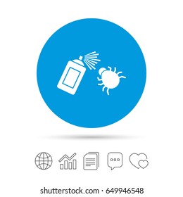 Bug disinfection sign icon. Fumigation symbol. Bug sprayer. Copy files, chat speech bubble and chart web icons. Vector