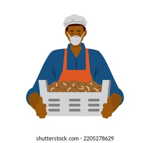 Bug farm. African american man in mask and gloves holding box with yellow mealworms vector illustration isolated on white. Edible insects.