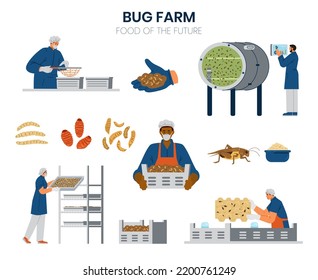 Bug farming elements vector set. Farmers, insects, equipment illustrations.