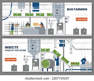 Bug farming horizontal vector banner. Automated bug farm interior with workers  illustration. Insect as alternative food of the future.