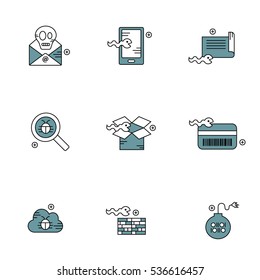 Bug firewall worm phishing signs and broken credit card vector icon set 