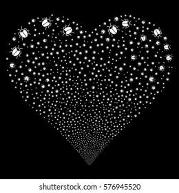 Bug fireworks with heart shape. Vector illustration style is flat white iconic symbols on a black background. Object love heart combined from scattered pictograms.