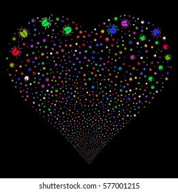 Bug fireworks with heart shape. Vector illustration style is flat bright multicolored iconic symbols on a black background. Object love heart done from random pictographs.