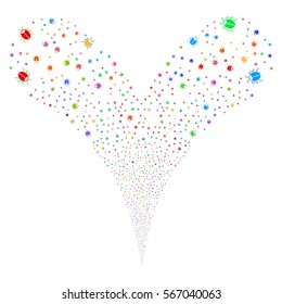 Bug fireworks stream. Vector illustration style is flat bright multicolored iconic symbols on a white background. Object double fountain combined from random pictographs.