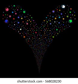 Bug fireworks stream. Vector illustration style is flat bright multicolored iconic symbols on a black background. Object double fountain made from random pictograms.