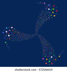 Bug fireworks swirl rotation. Vector illustration style is flat bright multicolored iconic symbols on a blue background. Object twirl done from random symbols.