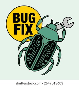 Conceito de correção de bugs - Inseto digital com chave inglesa e design de placa de circuito

