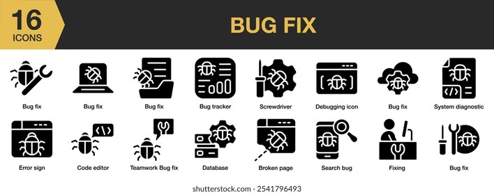 Conjunto de ícones sólidos de correção de erros. Inclui correção de bug, editor de código, banco de dados, depuração, erro, correção e muito mais. Coleção vetorial de ícones sólidos.