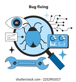 Bug fixing as an artificial neural network benefit. Self-learning computing system for data processing. Deep machine learning modern technology. Flat vector illustration