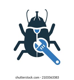 Bug fixing, fix, improving, website and wrench icon. Simple vector Graphics.