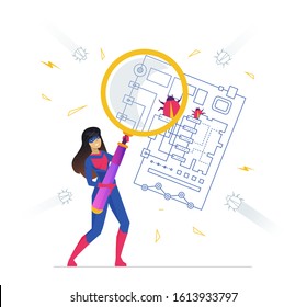 Bug fixing metaphor flat design style vector illustration. Happy girl in superhero costume, technician cartoon character. Computer maintenance, hardware repair. Tester searching errors with magnifier