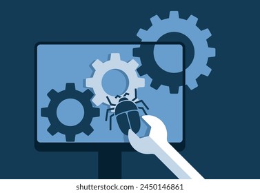 Bug fixing and patch updates - software application updates for improve performance and stability. Illustration with monitor screen, gears, wrench and insect