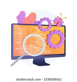 Bug Fixing And Software Testing. Computer Virus Searching Tool. Devops, Web Optimization, Antivirus App. Magnifier, Cogwheel And Monitor Design Element. Vector Isolated Concept Metaphor Illustration