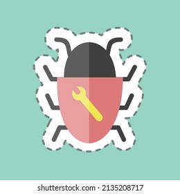 Bug Fixing Sticker in trendy line cut isolated on blue background