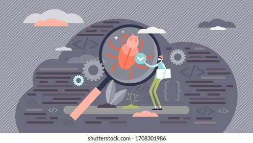 Bug fixing vector illustration. Programming corrupt errors flat tiny persons concept. IT software or homepage development process problem stage with defective code information research and repair.