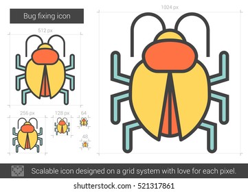 Bug fixing vector line icon isolated on white background. Bug fixing line icon for infographic, website or app. Scalable icon designed on a grid system.