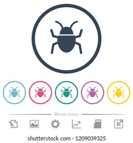 Bug flat color icons in round outlines. 6 bonus icons included.