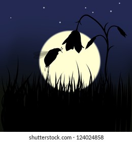 Bug and flower against the moon, vector illustration