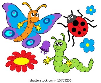 Bug and flower collection - vector illustration.