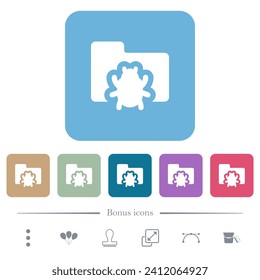 Bug folder white flat icons on color rounded square backgrounds. 6 bonus icons included