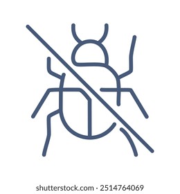 Bug free. Line art graphic of a bug crossed out, representing the elimination of bugs, errors, or pests.
