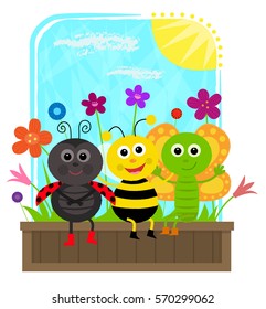 Bug Friends - cute butterfly, bee and a ladybug are sitting together on a planter box. Eps10