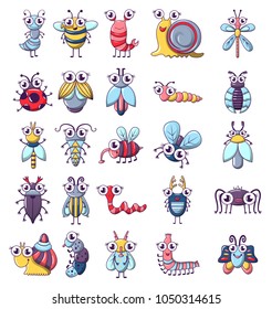 Bug funny insect icons set. Cartoon illustration of 25 bug funny insect vector icons for web