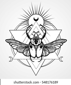 Bug Goliath. Esoteric symbol, sacred geometry. Monochrome drawing isolated on a grey background. Vector illustration. Print, posters, t-shirt, textiles. 