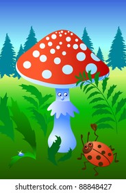 A bug greets a mushroom with lifted hat