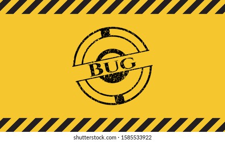 Bug grunge black emblem with yellow background, warning sign. Vector Illustration. Detailed.