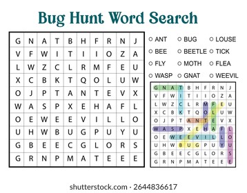 Bug hunt word search puzzle with insects and pests. Educational game for kids, includes answer key and word list.