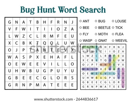 Bug hunt word search puzzle with insects and pests. Educational game for kids, includes answer key and word list.
