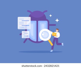 bug hunter or bug bounty concept. a software tester carries out tests and looks for bugs in a program. analysis and search for gaps in the system. illustration concept design. graphic elements. vector