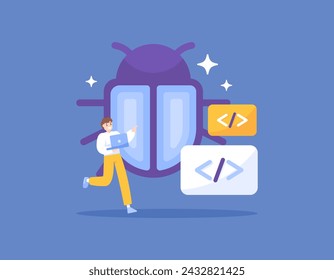 bug hunter or bug bounty concept. a software tester carries out tests and looks for bugs in a program. analysis and search for gaps in the system. illustration concept design. graphic elements. vector