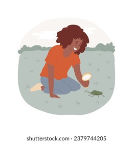Bug hunting isolated cartoon vector illustration. Child exploring an insect through magnifying glass, wildlife survey, hands-on activities outdoors, environmental protection vector cartoon.