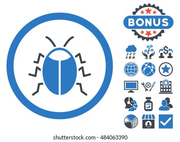 Bug icon with bonus elements. Vector illustration style is flat iconic bicolor symbols, smooth blue colors, white background.