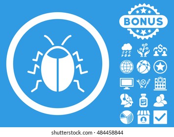 Bug icon with bonus images. Vector illustration style is flat iconic symbols, white color, blue background.