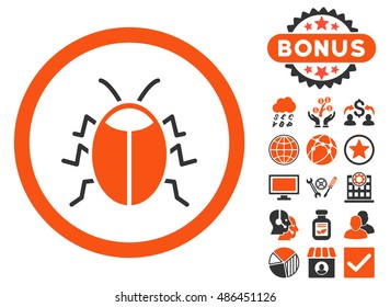 Bug icon with bonus pictures. Vector illustration style is flat iconic bicolor symbols, orange and gray colors, white background.