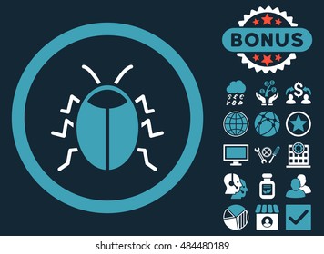 Bug icon with bonus symbols. Vector illustration style is flat iconic bicolor symbols, blue and white colors, dark blue background.