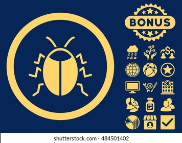 Bug icon with bonus symbols. Vector illustration style is flat iconic symbols, yellow color, blue background.