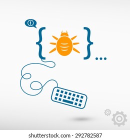 Bug icon and flat design elements. Design concept icons for application development, web design, creative process.